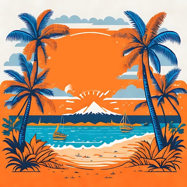 cartel colorido para el sol y las palmeras con una puesta de sol en el fondo