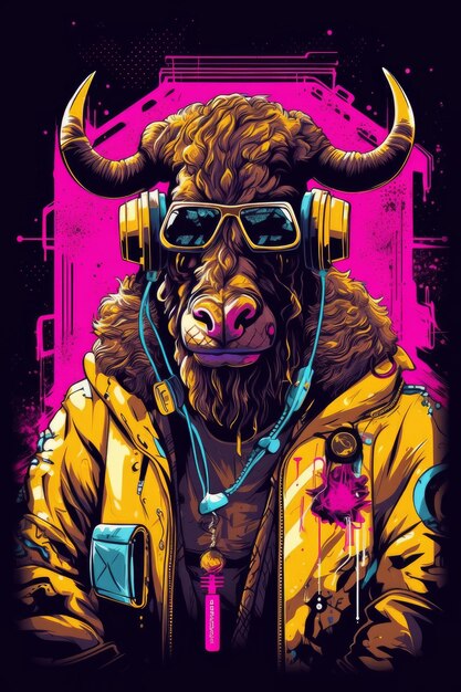 Un cartel colorido con un toro con chaqueta amarilla y auriculares.