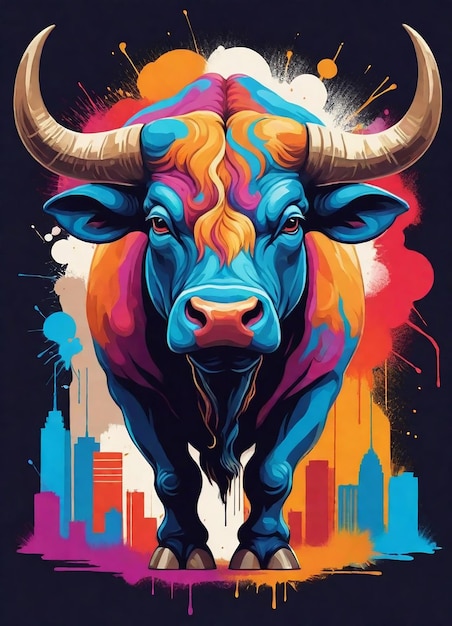 un cartel colorido de un toro con una ciudad en el fondo