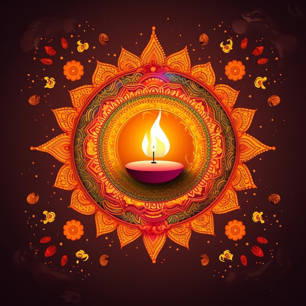 Un cartel colorido con una vela en el medio que dice diwali
