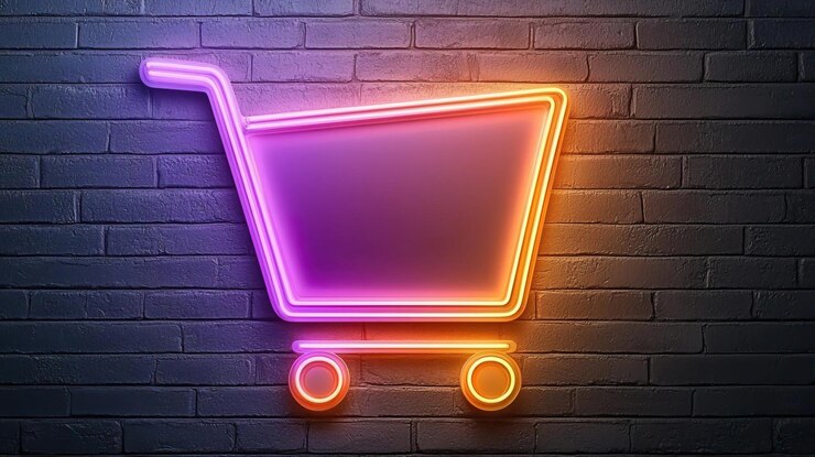 Foto el cartel de compras de neón en la pared de ladrillo oscuro