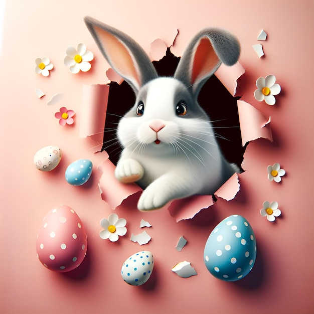 El cartel del conejo de Pascua asomando por un agujero en la pared con saltos de conejo espacial de copia