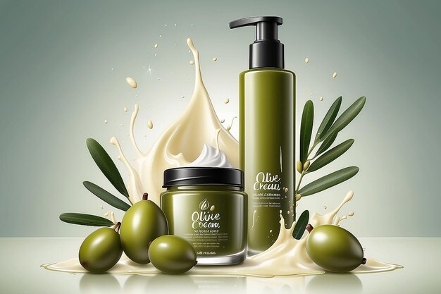 Cartel cosmético realista de aceitunas salpicadura de leche con frasco de crema facial volante publicitario de aceites naturales