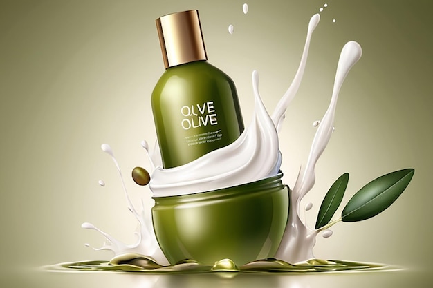 Cartel cosmético realista de aceitunas salpicadura de leche con frasco de crema facial volante publicitario de aceites naturales