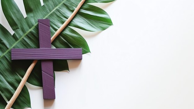 Foto un cartel cristiano de crucifijo de cruz de madera con hojas de palma verdes como evento religioso del domingo de ramos