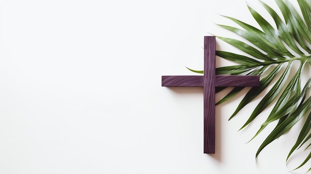 Foto un cartel cristiano de crucifijo de cruz de madera con hojas de palma verdes como evento religioso del domingo de ramos