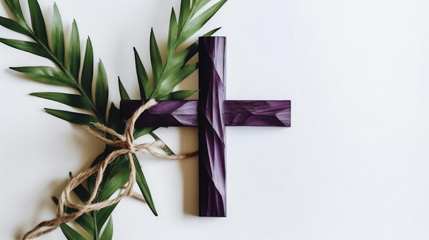 Foto un cartel cristiano de crucifijo de cruz de madera con hojas de palma verdes como evento religioso del domingo de ramos