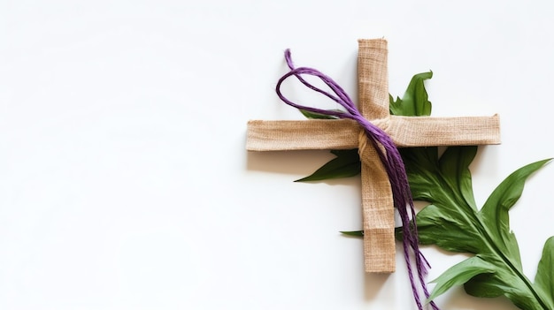 Foto un cartel cristiano de crucifijo de cruz de madera con hojas de palma verdes como evento religioso del domingo de ramos