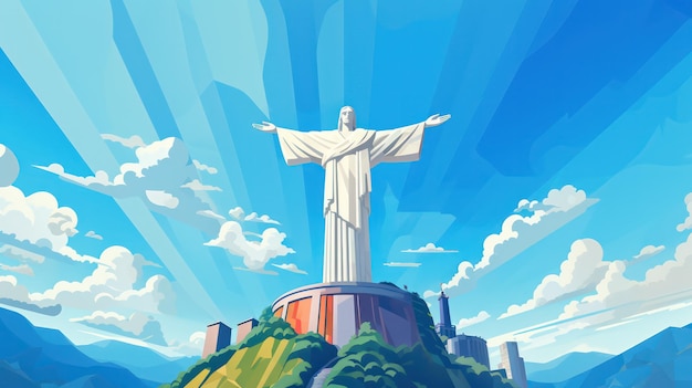 Foto cartel de cristo redentor en el día soleado con vista al cielo azul