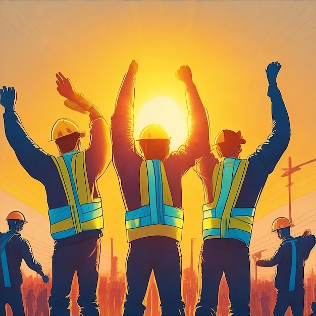 Un cartel de cuatro trabajadores de la construcción con el sol detrás de ellos para celebrar el Día del Trabajo