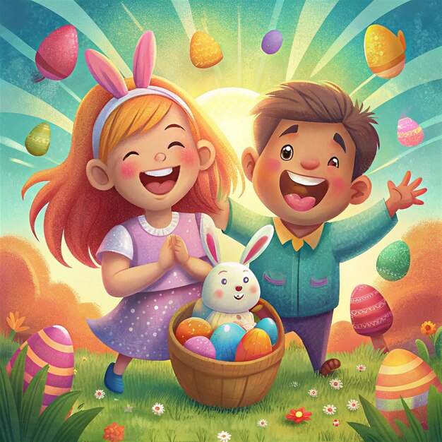 Foto un cartel para el cumpleaños de un niño con huevos y un conejo en el fondo