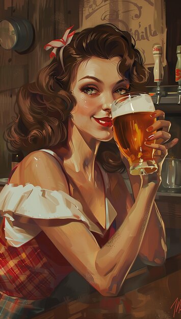 Cartel de la década de 1950 Niña en un bar bebiendo cerveza Pinup