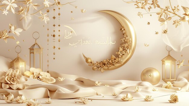 Foto cartel con decoración 3d beige de ramadán con decoración de luna creciente hojas de oro linterna rosario y decoraciones esparcidas alrededor de texto de caligrafía eid mubarak