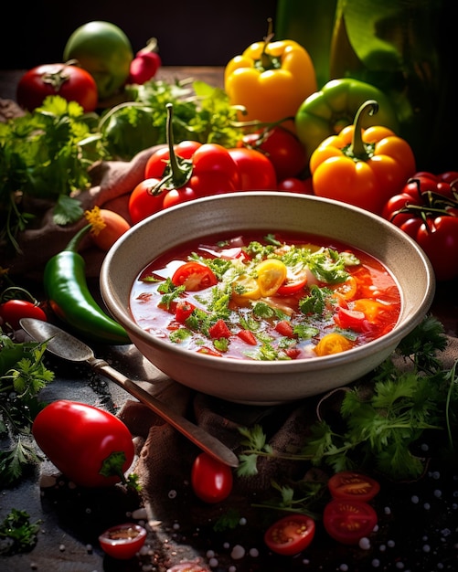 Un cartel con una deliciosa naturaleza muerta de gazpacho