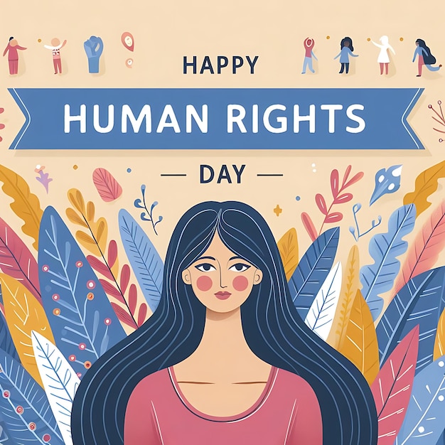 un cartel para los derechos humanos con una pancarta que dice "Happily Human Rights"