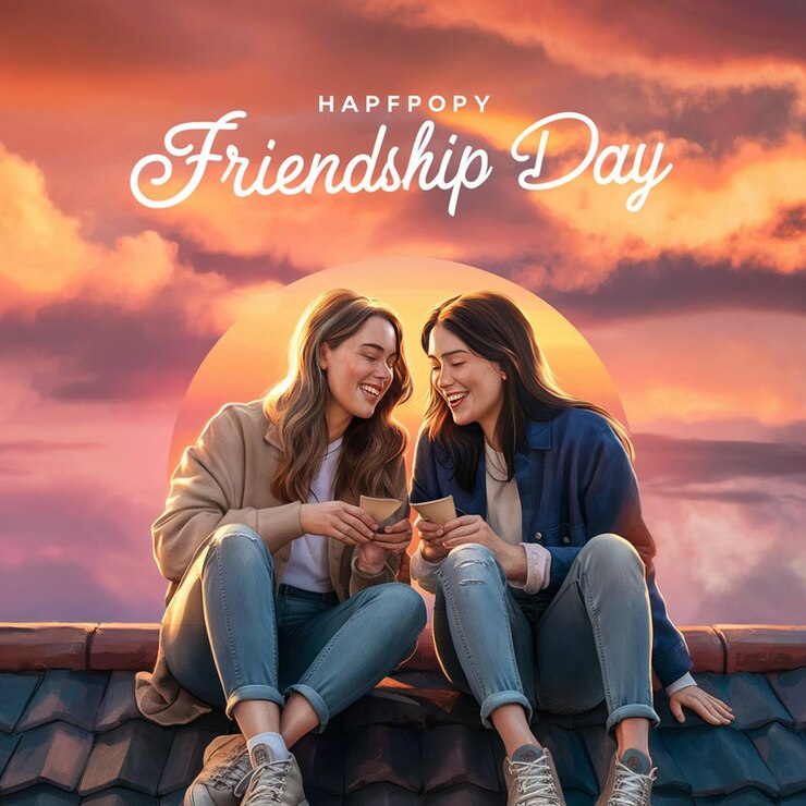 un cartel para el día de la amistad con dos amigos sentados en un techo