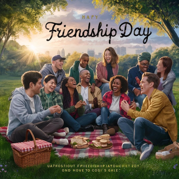 un cartel para el día de la amistad con un grupo de personas sentadas en una manta