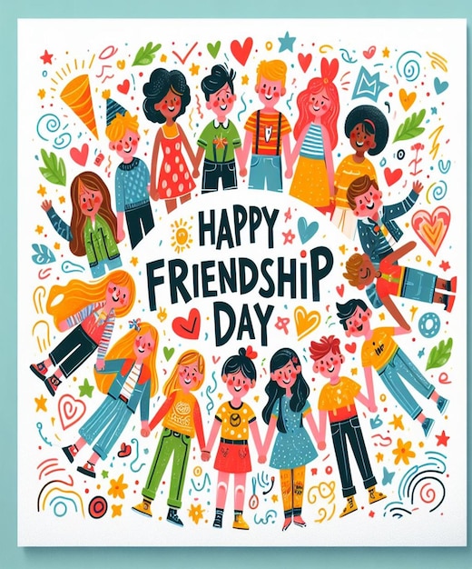 un cartel para el día de la amistad con un personaje de dibujos animados y corazones