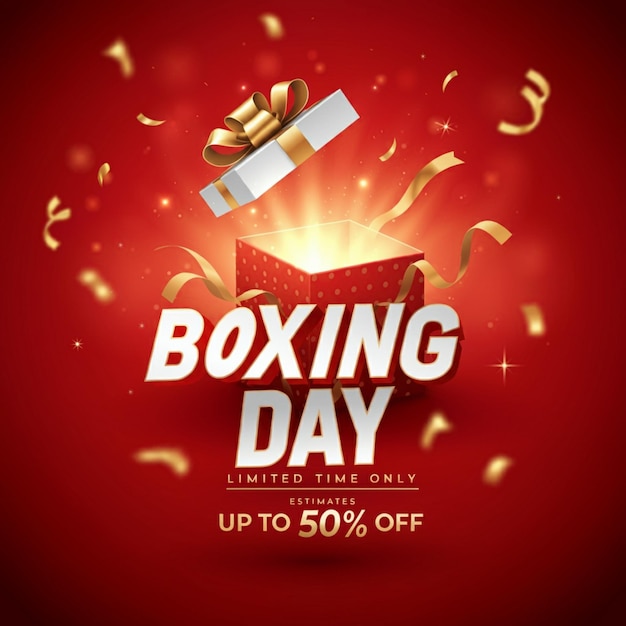 un cartel para el día del boxeo con un fondo rojo con una cinta dorada y un fondo Rojo