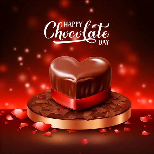 Un cartel para un día de chocolate con una caja en forma de corazón.