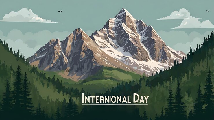 un cartel para el día de la conferencia internacional con montañas y nubes