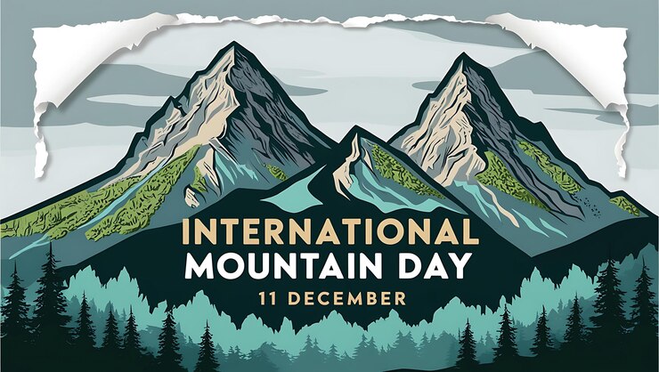 un cartel para el día internacional de las montañas con montañas en el fondo
