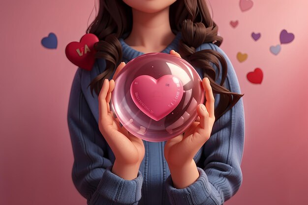 Cartel del Día Internacional de la Mujer Día de San Valentín Pequeño corazón en forma de esfera en ambas manos