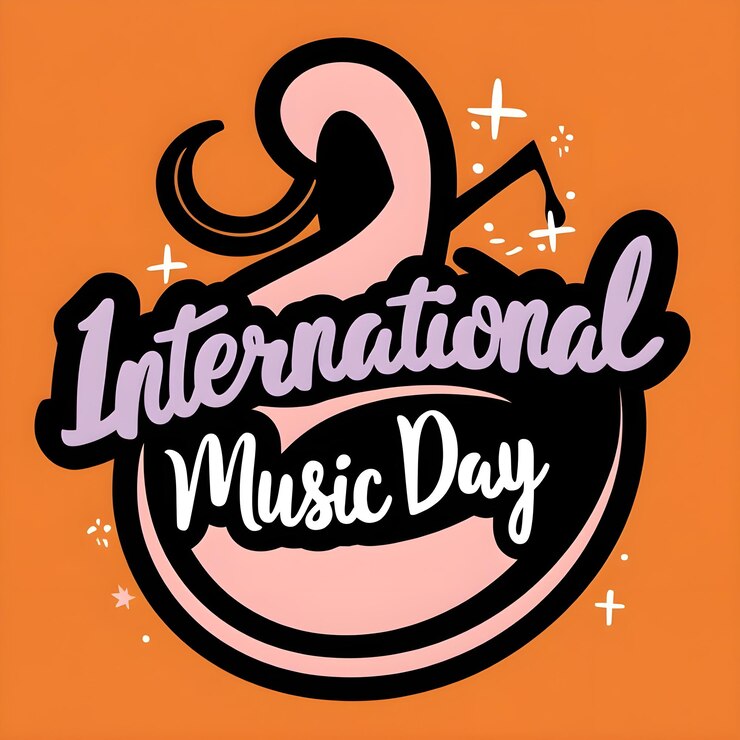 un cartel para el día internacional de la música con un fondo rosa