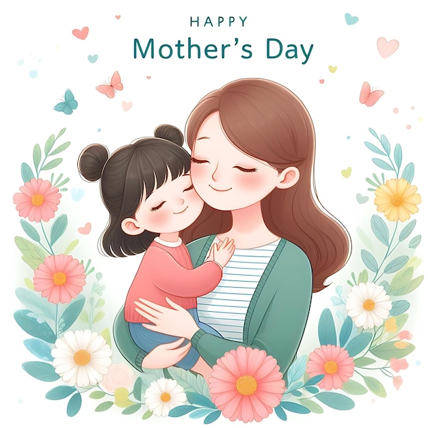 un cartel para el día de la madre un día feliz con una niña y su madre