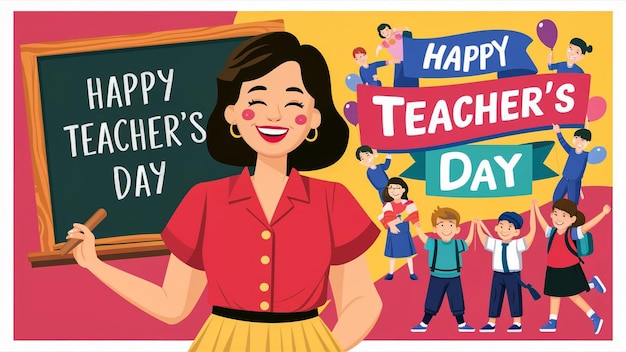 un cartel del día del maestro con un cartel de un maestro y niños
