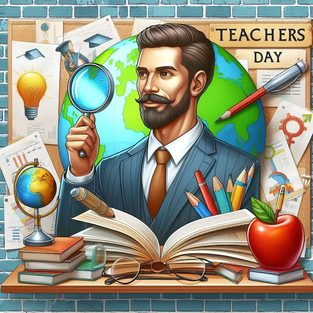 Foto un cartel de un día de maestros con una lupa