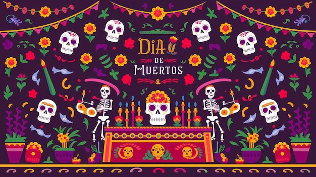 un cartel para el día de los muertos con calaveras y flores