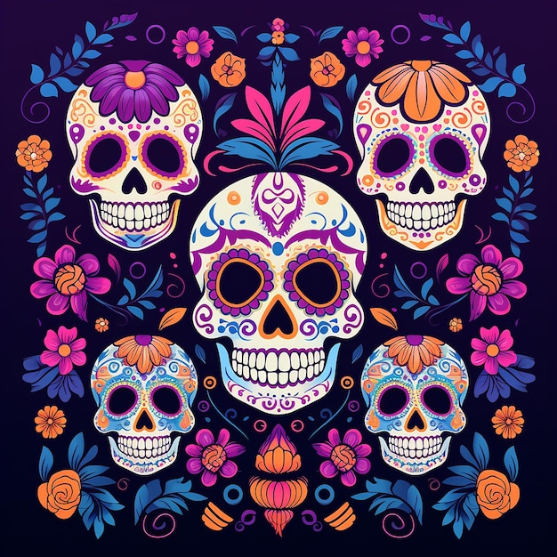 El cartel del día de los muertos con varias calaveras de colores y flores sobre fondo oscuro.