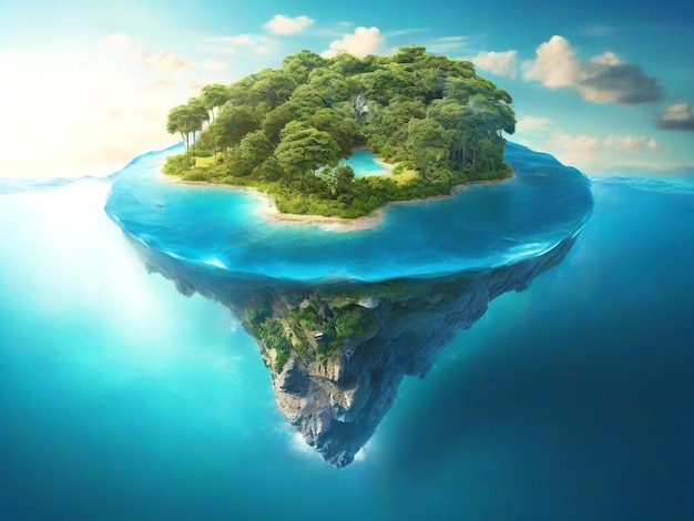 Un cartel del Día Mundial del Agua con una isla en el medio del agua, una ilustración fotográfica de alta resolución