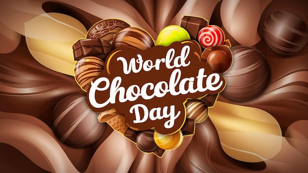 un cartel de un día mundial del chocolate con un chocolate cubierto de chocolate