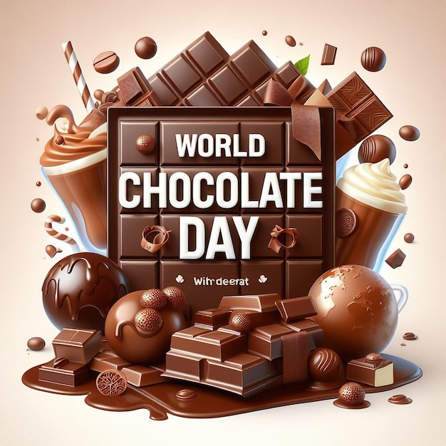 un cartel de un día mundial del chocolate con chocolates y chocolates