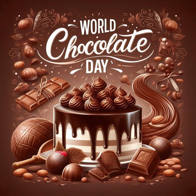 un cartel para el día mundial del chocolate con una imagen de un pastel de chocolate