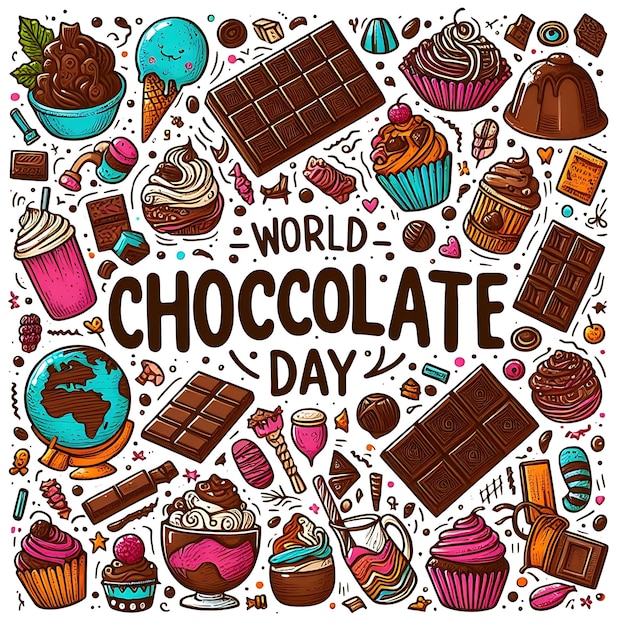 un cartel del día mundial del chocolate con una imagen de un pastel