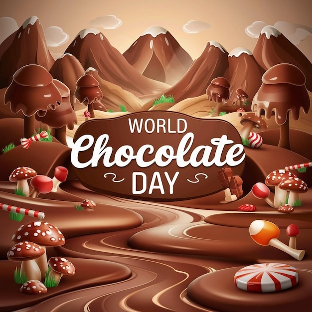 Foto un cartel para el día mundial del chocolate con una montaña en el fondo