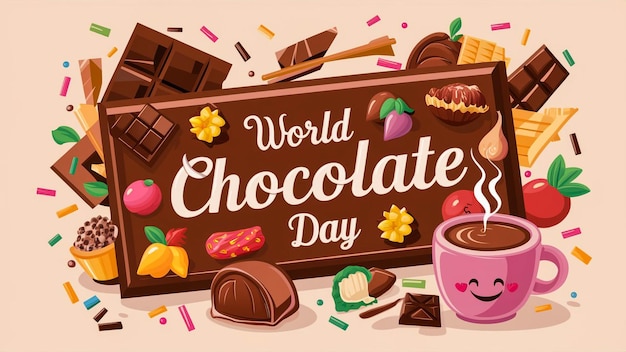 un cartel para el día mundial del chocolate con una taza de café y chocolates