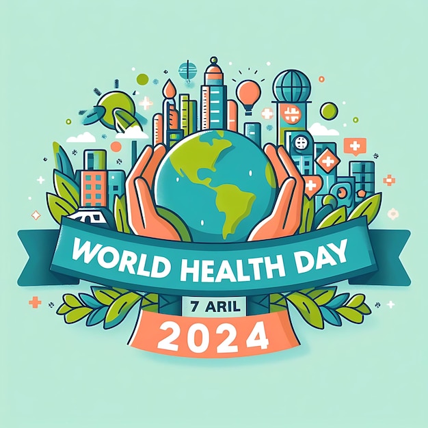 un cartel para el día mundial en un círculo con una pancarta que dice mundo saludable