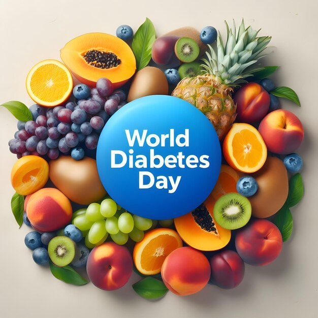 Cartel del Día Mundial de la Diabetes con frutas en fondo azul Ilustración vectorial