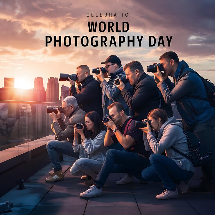 un cartel para el día mundial de la fotografía con personas tomando fotos