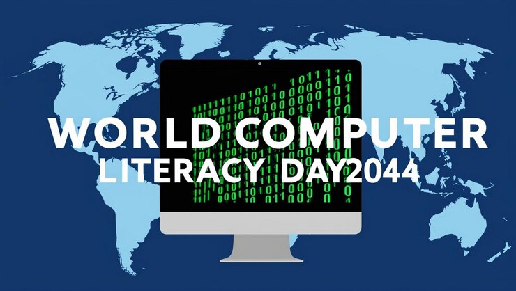 Foto un cartel para el día mundial de la humanidad con una pantalla de computadora y un mapa del mundo