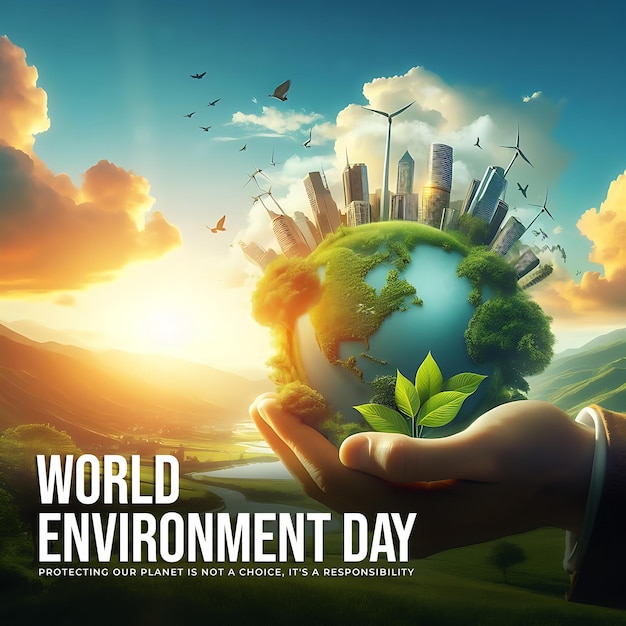Cartel para el Día Mundial del Medio Ambiente en el país con una mano sosteniendo un globo terrestre y un fondo de cielo
