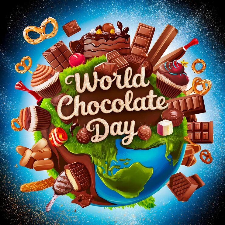 un cartel del día mundial con un mundo de chocolates y chocolates