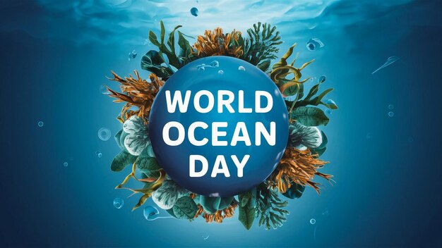 un cartel para el Día Mundial del Océano con corales y corales