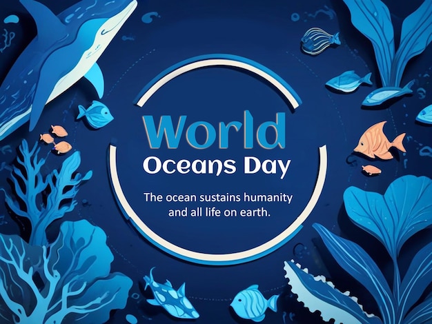 Foto cartel del día mundial del océano en estilo de papel azul