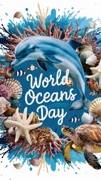 un cartel para el día mundial de los océanos con conchas y conchas marinas