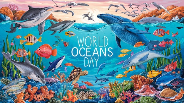 un cartel para el día mundial de los océanos está escrito por el artista